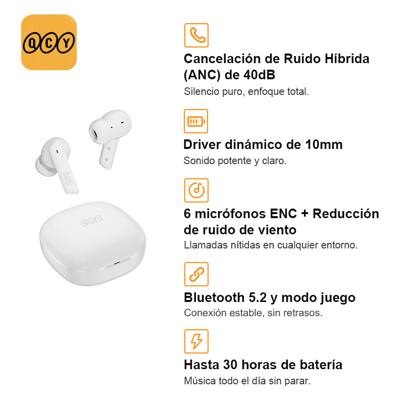 Audífonos QCY HT05 ANC Bluetooth 30h 6 Micros IPX5 Blanco
