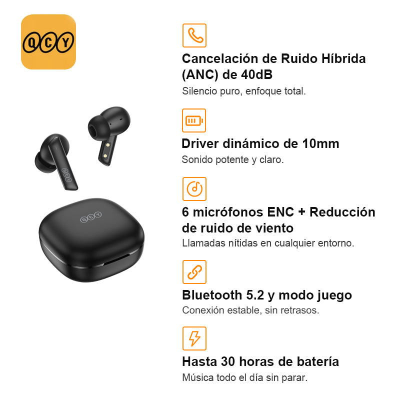 Audífonos QCY HT05 ANC Bluetooth 30h 6 Micros IPX5 Negro