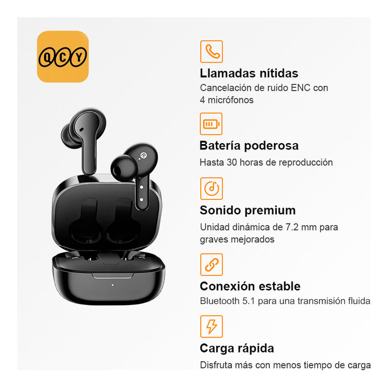 Audífonos In-ear Bluetooth Inalámbrico Qcy T13 Enc Con Manos Libres, 7.2mm Diafragmas, Bluetooth 5.1,bajos Potentes, 30h, 4 Micros Para Cancelación De Ruido, Sonido De Calidad, Color Negro